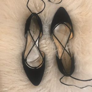 Anne Klein Black Suede Lace up Flats